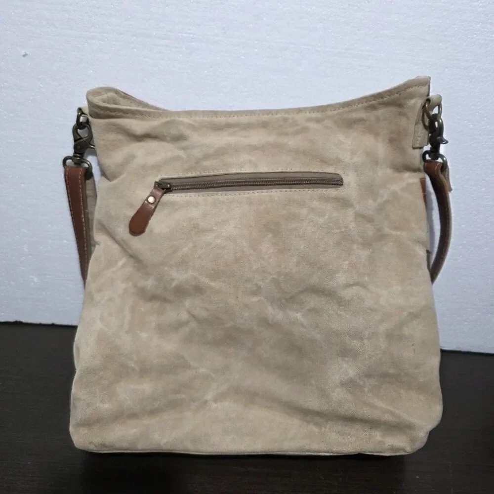 Myra Country Charm Upcycled Canvas & Leather Beige Brown Shoulder Crossbody Bag - Picture 6 of 12